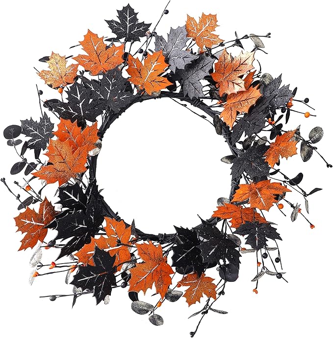 YNYLCHMX 18" Halloween Wreath for Front Door, Halloween Door Wreaths, Fall Autumn Farmhouse Wreath with Golden and Black Maple Leaves for Home Winsow Decorations Indoor Outdoor Party Decor