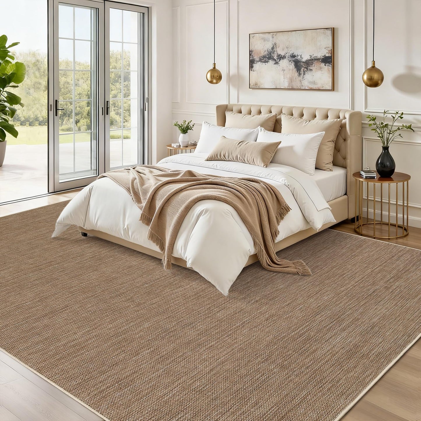 GarveeHome Easy Jute Rug 8x10 Washable Living Room Rugs Non Slip Stain Resistant Modern Neutral Dining Room Throw Carpets Solid Tan Contemporary Area Rugs for Kitchen Bedroom Nursery, Brown