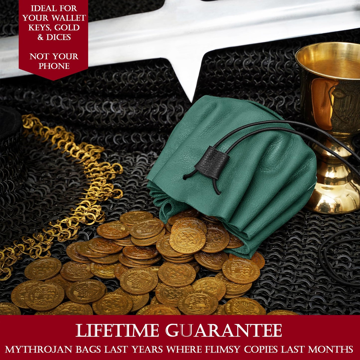 Mythrojan medieval leather pouch renaissance drawstring belt bag for larp, viking, cosplay, coin & jewelry waist purse- green, 4.9"x3.5"