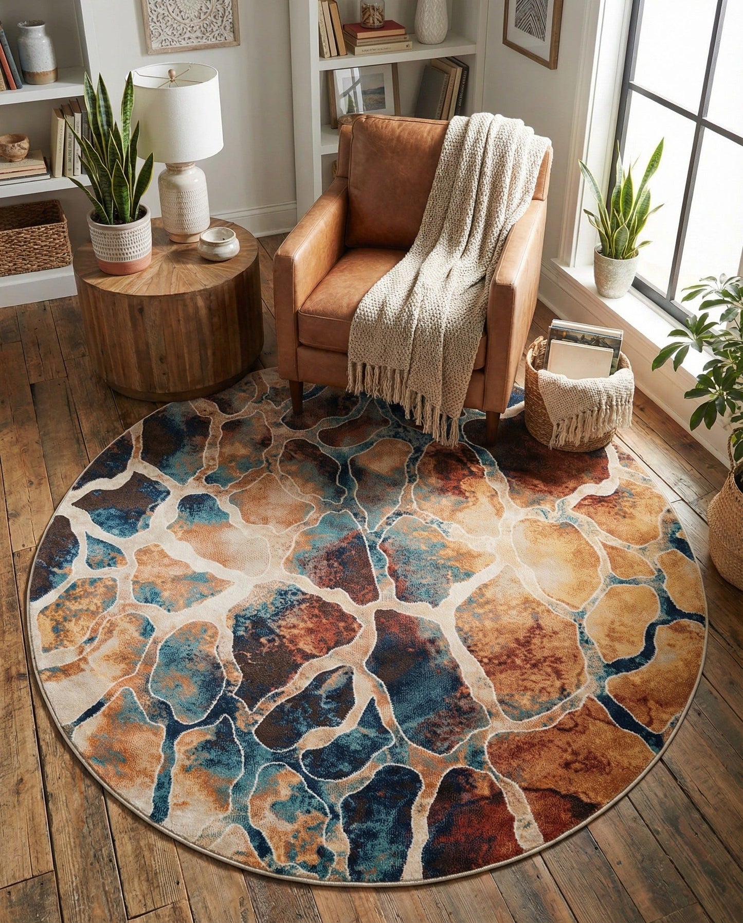 Rugs.com - Gossamer Rug – 6 Ft Round Brick Red Easy-Clean Rug – Modern Abstract Mosaic Design for Dining Rooms, Living Rooms, and Entryways