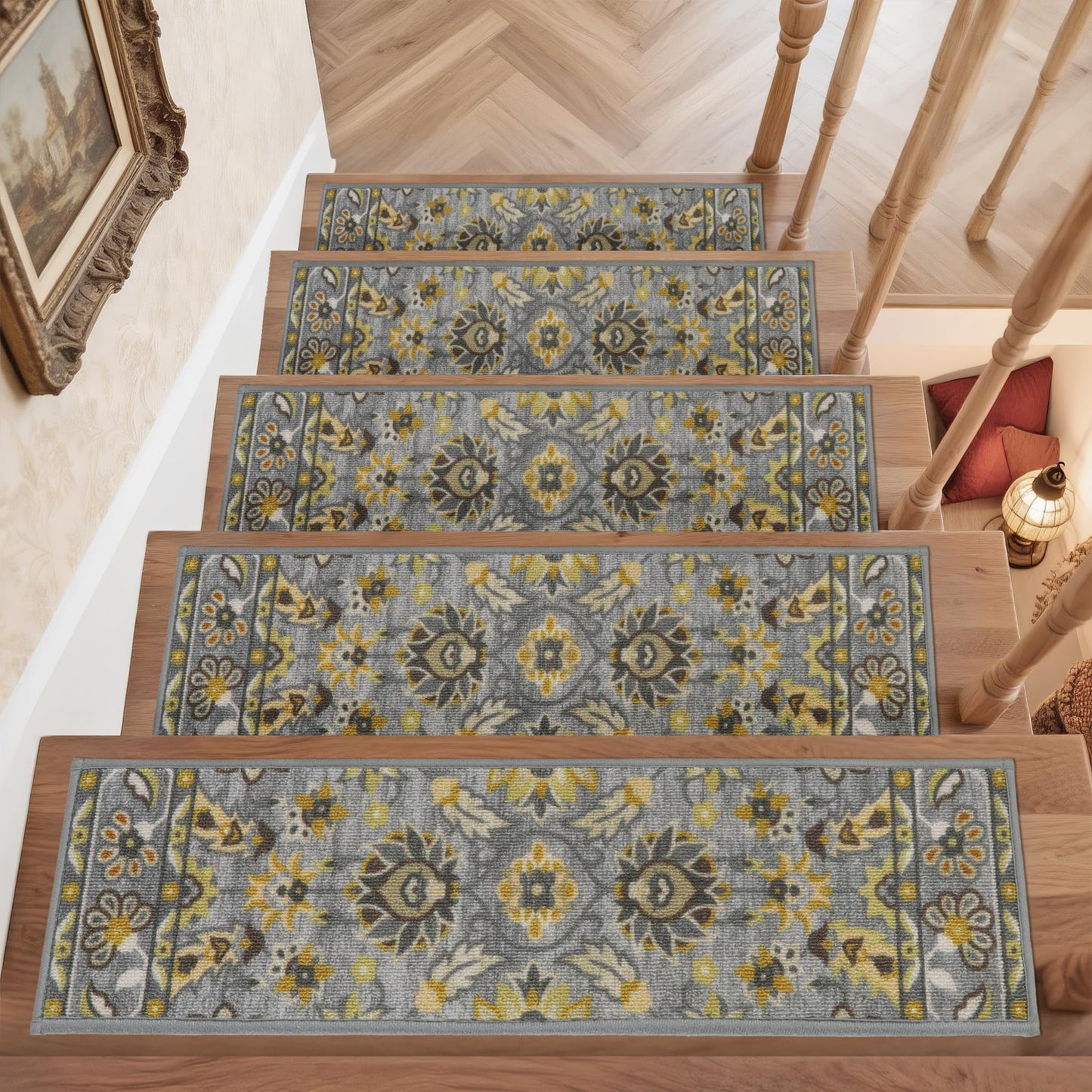 COSY HOMEER-Stair-Treads-for-Wooden-Steps Washable Indoor Stair Treads Non Slip 8" X 30" Soft Stair Carpet Treads Reusable Peel and Stick Stair Runner Rug for Kids, Elders and Pets 15pcs