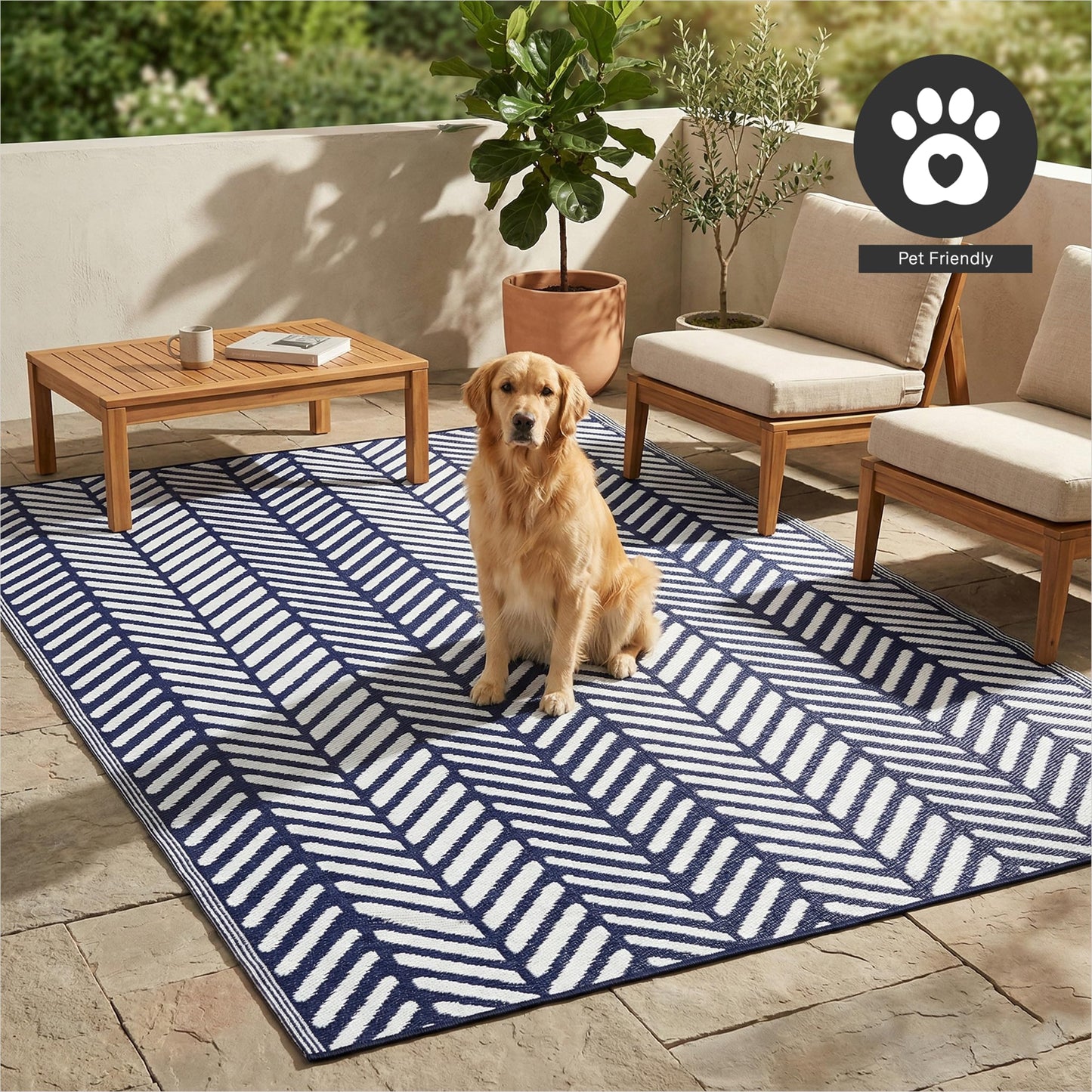 FH Home Outdoor Rug - Waterproof, Fade Resistant, Reversible - Premium Recycled Plastic - Herringbone - Patio, Deck, Porch, Balcony, Laundry Room - Fresno - Navy Crease Free - 4 x 6 ft