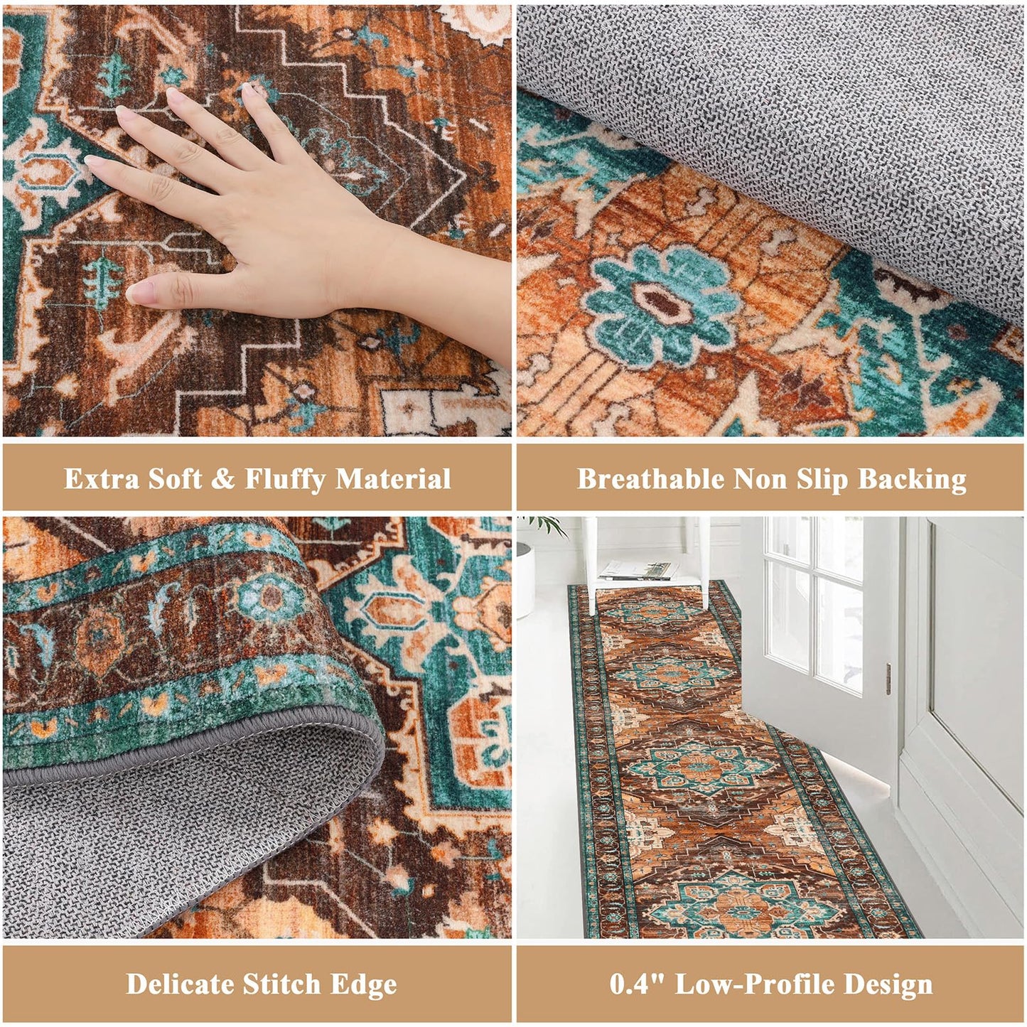 Pauwer Farmhouse Vintage Medallion Area Rug - 2x10, Soft Washable Kitchen Rug, Non Slip Floor Runner for Entryway, Laundry