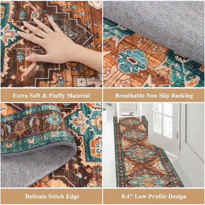 Pauwer Farmhouse Vintage Medallion Area Rug - 2x10, Soft Washable Kitchen Rug, Non Slip Floor Runner for Entryway, Laundry