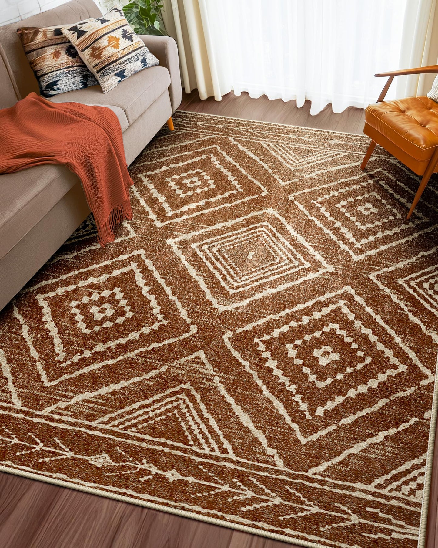 BESTSWEETIE Area Rug 4x6 Rug Machine Washable Non-Slip Low Pile Print Pattern Western Rug for Living Room Bedroom Entryway Tribal Series -Yellowbrown/Cream