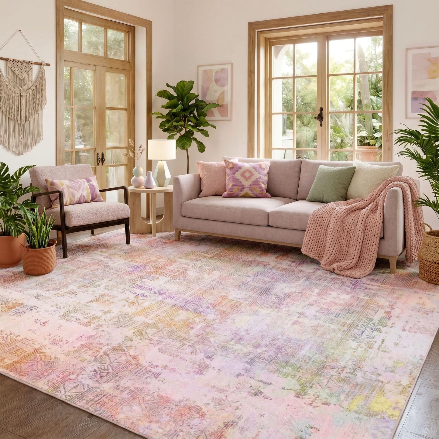 Kokia Abstract 9x12 Area Rugs Living Room Washable Low Pile Non-Slip Indoor Decor Pink Orange Carpet Foldable Stain Resistant Ombre Rugs Bedroom Dining Room, Oslo Liora