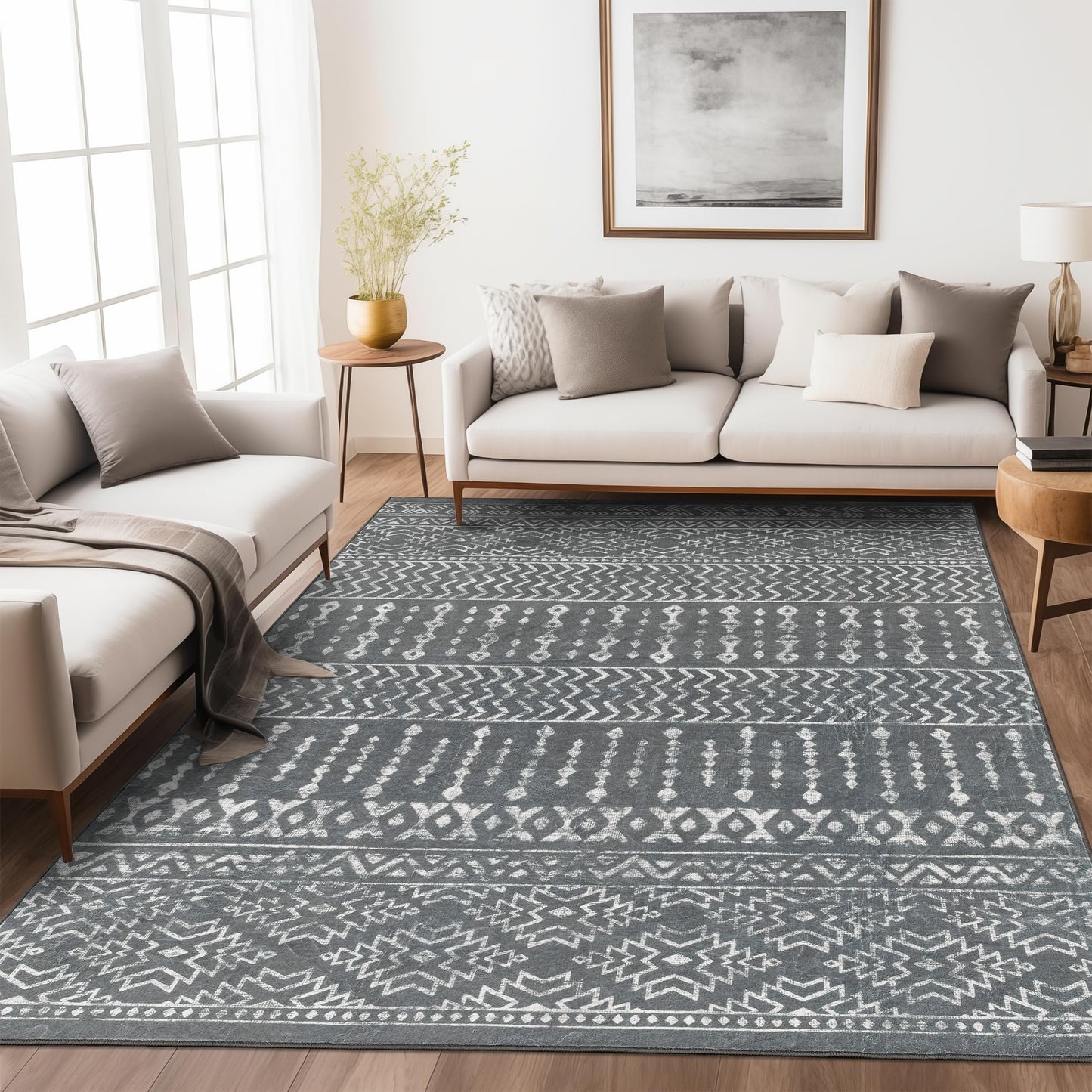 Art&Tuft 3x5 Rug, Super Soft Ultra-Thin Moroccan Washable Rug, Anti-Slip Backing Rugs for Living Room, Foldable Geometric Machine Washable Area Rug(3'x5', Grey)