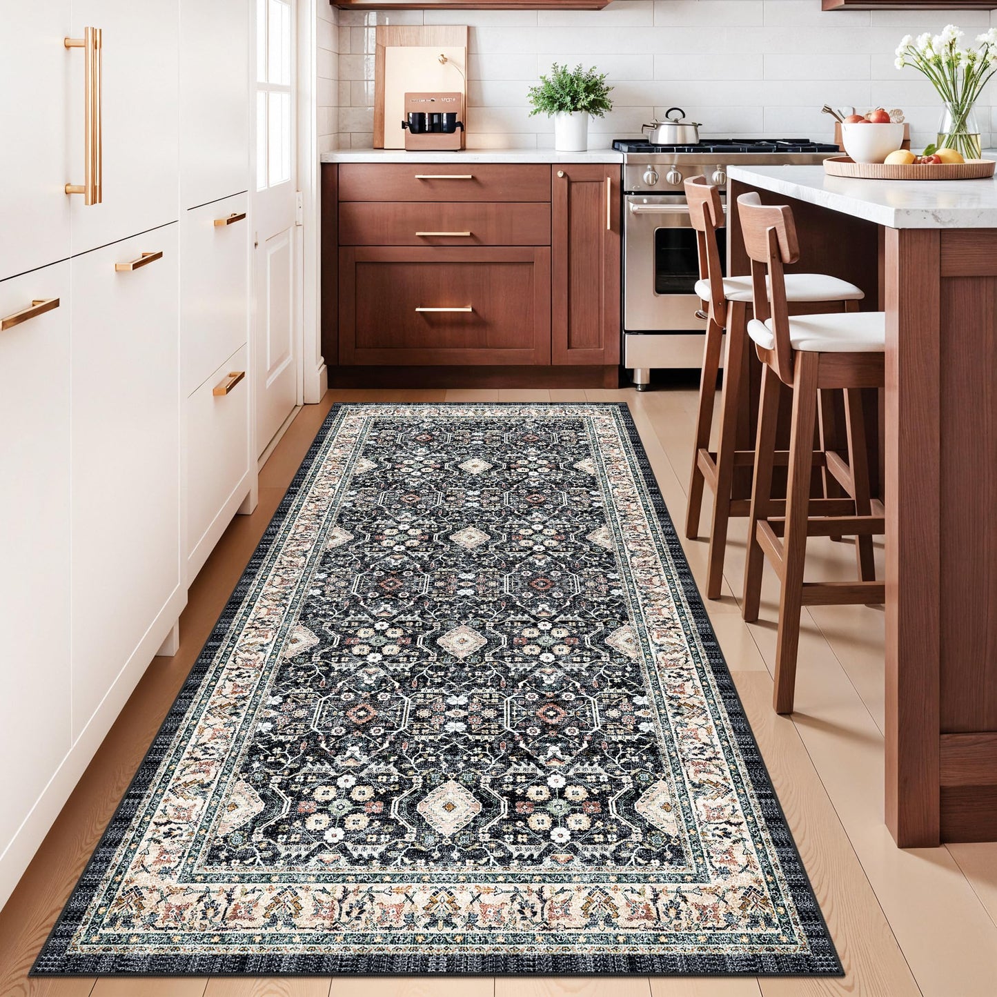 4x8 Washable Kitchen Area Rug: Farmhouse Stain-Resistant Rug for Living Room Bedroom Wide Soft Carpet for Entryway Dining Room Thin Hallway Floor Mat with Non Slip Backing Home Decor(4x8,Black Navy)