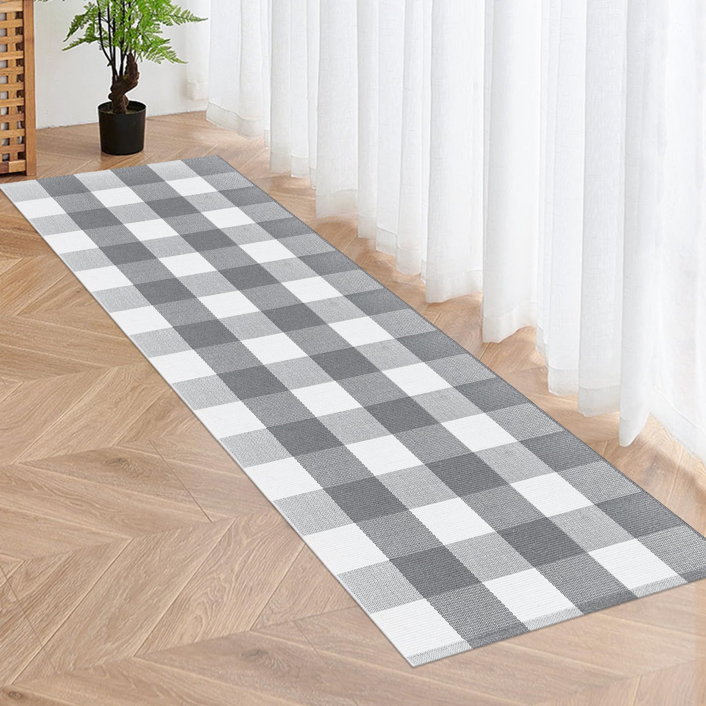 Aoczes Buffalo Plaid Runner Rug 2x6 Feet Grey and White Checkered Runner Rug Cotton Woven Farmhouse Floor Mat Washable Rugs for Hallway Kitchen Laundry Bedroom Living Room