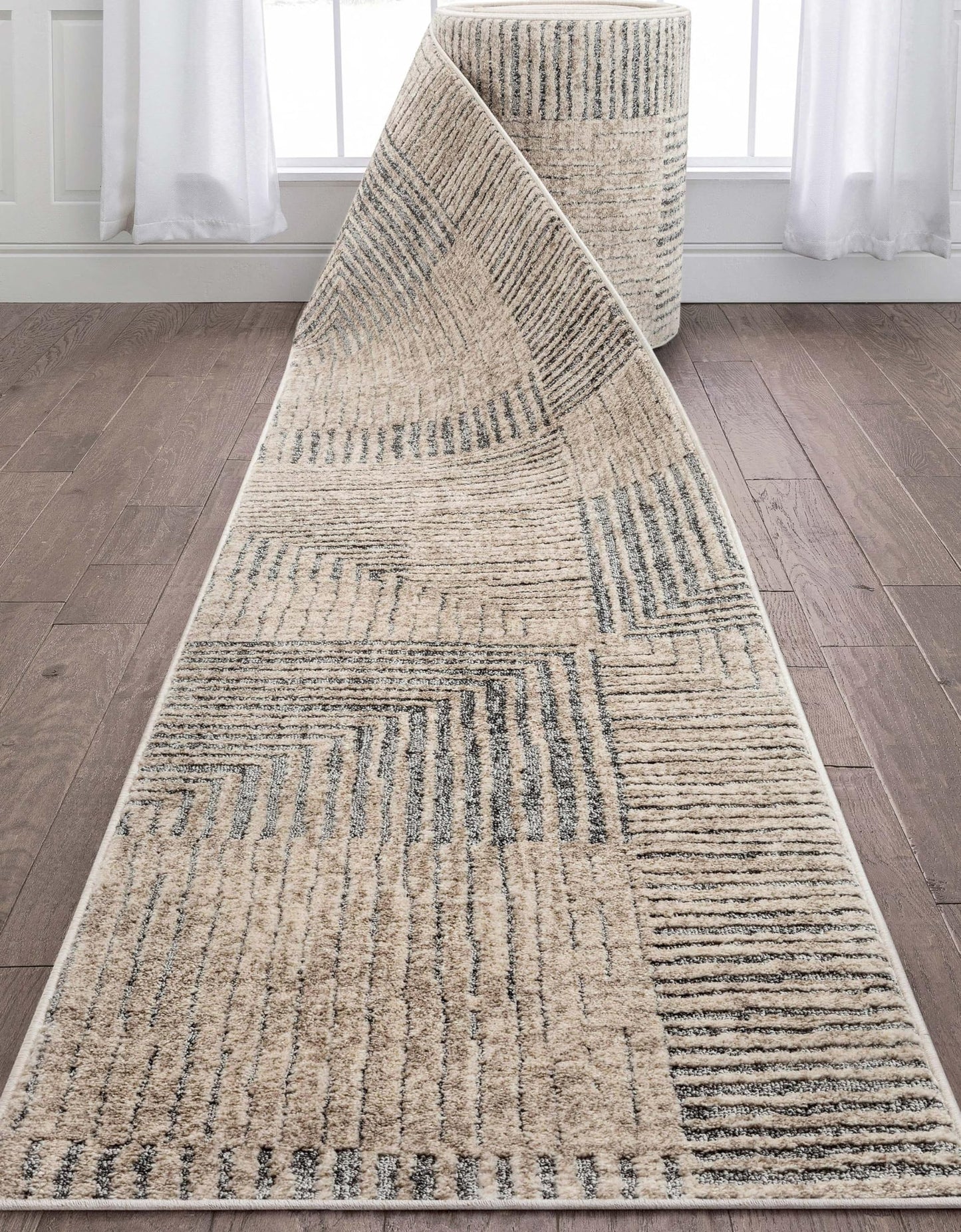 Well Woven Custom Size Hallway Stair Runner - Choose Your Length - 27 Inches Wide x 19 Feet Long Runner (27" x 19' Runner) Rug - Ivory-Grey Sula Soft Touch, Modern Geometric - Hi-Lo Pile