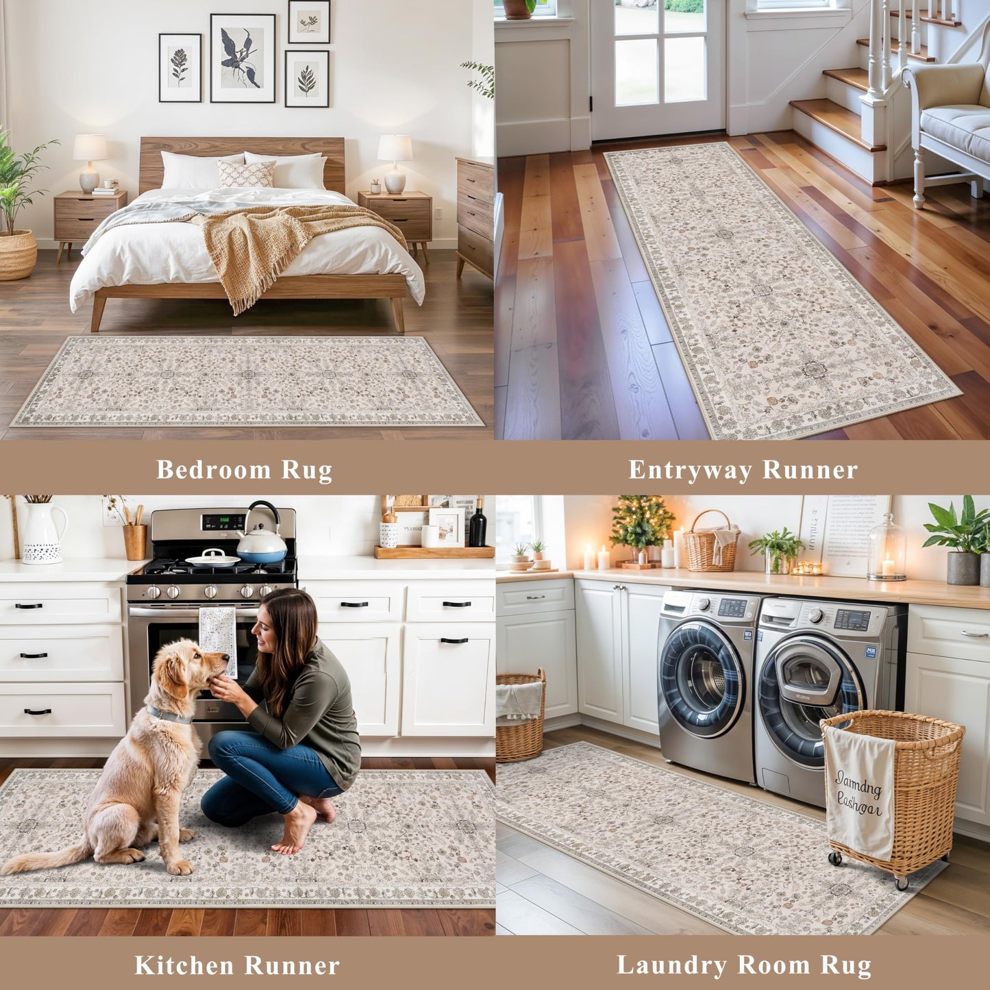 2x6 Washable Kitchen Runner Rug – Boho Vintage Non-Slip Carpet Runner for Hallway, Entryway, Bedroom & Bathroom – Soft Low-Pile Thin Area Rug with Rubber Backing (Beige,2x6)