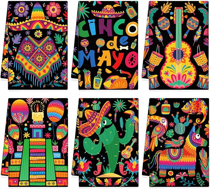 Breling Set of 6 Mexican Kitchen Towels Floral Dish Towel Cinco De Mayo