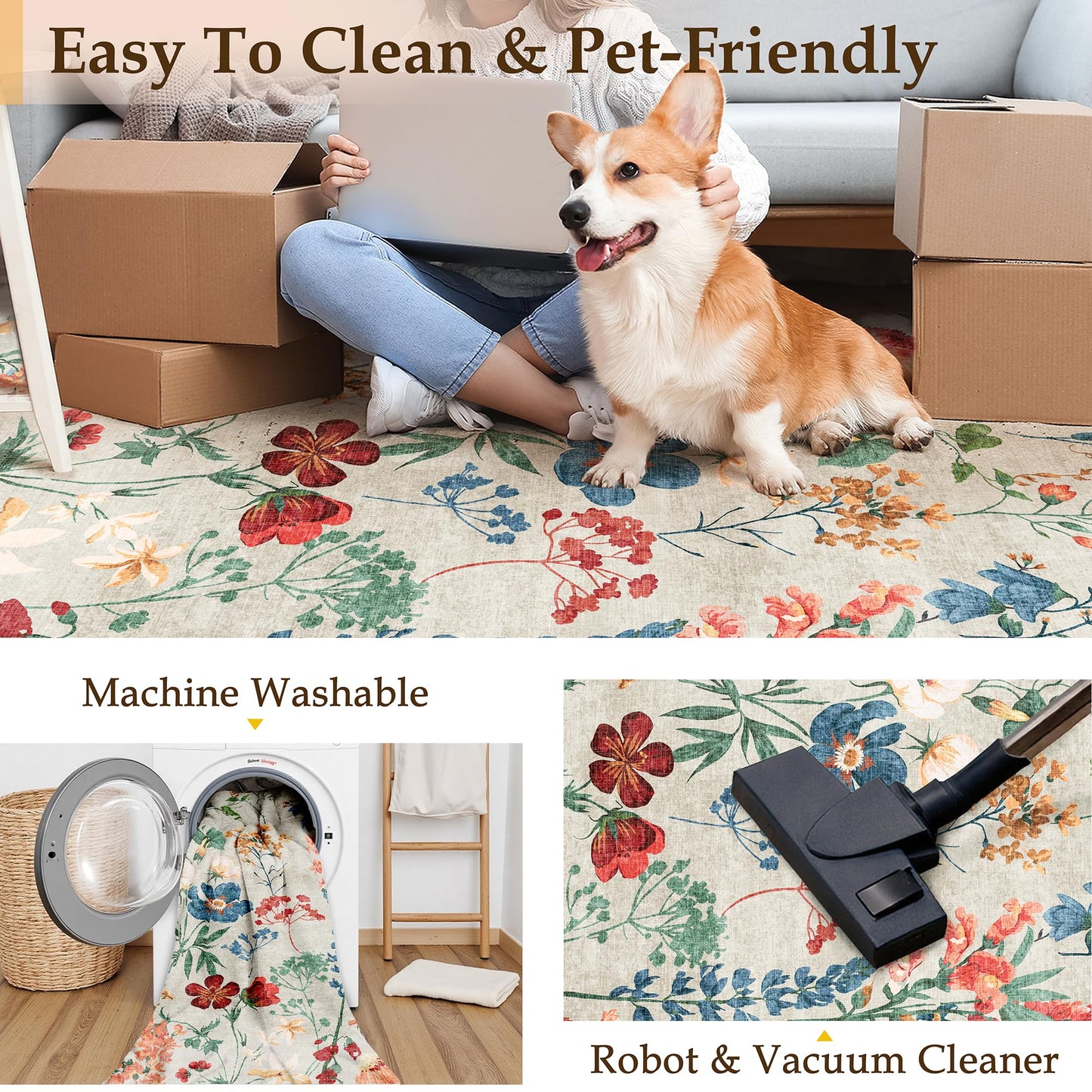 PureCozy Floral Runner Rug 2x6 Washable Hallway Long Beige Bedroom Carpet Non Slip Indoor Boho Kitchen Low Pile Accent Rug Lightweight Soft for Bathroom Dining Laundry Living Room
