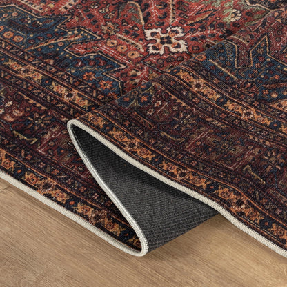 Bloom Rugs Washable Non-Slip 4' x 6' Rug - Red/Teal Blue/Yellow Traditional Medallion Area Rug for Living Room, Bedroom, Dining Room, and Kitchen - Exact Size: 4' x 6'