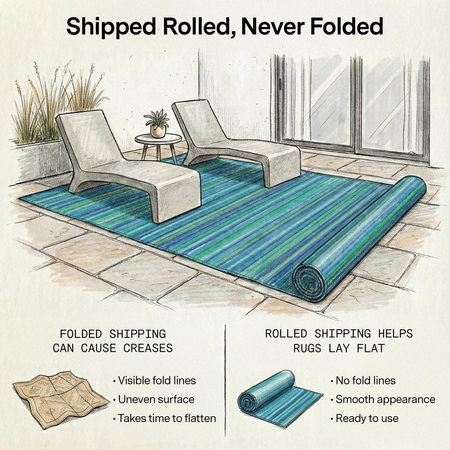 Fab Habitat Outdoor Rug - Waterproof, Fade Resistant, Crease-Free - Premium Recycled Plastic - Striped - Patio, Porch, Deck, Balcony, Sunroom - Cancun - Turquoise & Moss Green - 5 x 8 ft