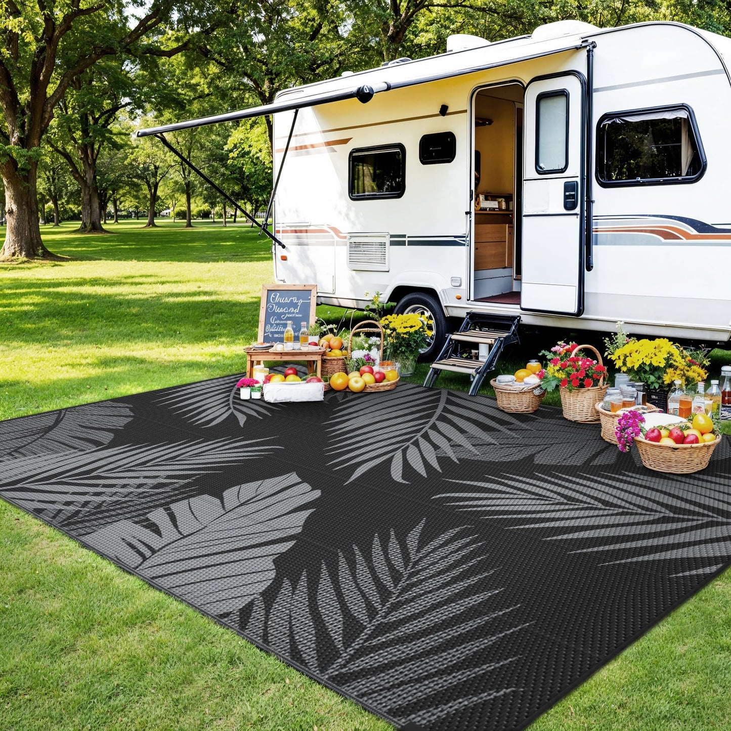 sarben Outdoor Rug 5' x 8' Waterproof for Patios Clearance, Reversible Plastic Straw Indoor Outdoor Rug for RV, Picnic, Backyard, Deck, Balcony, Porch, Beach, Black and Grey