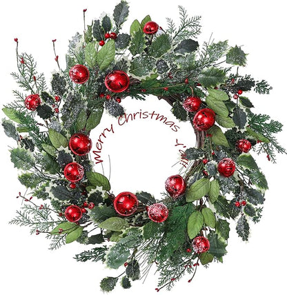 YNYLCHMX 20 Inch Winter Wreath for Front Door, Winter Wreaths with Pine Needles Holly Red Bells, Artificial Door Snowy Wreaths for Outdoor Indoor Reef Farmhouse Windows Wall Holiday Decoration