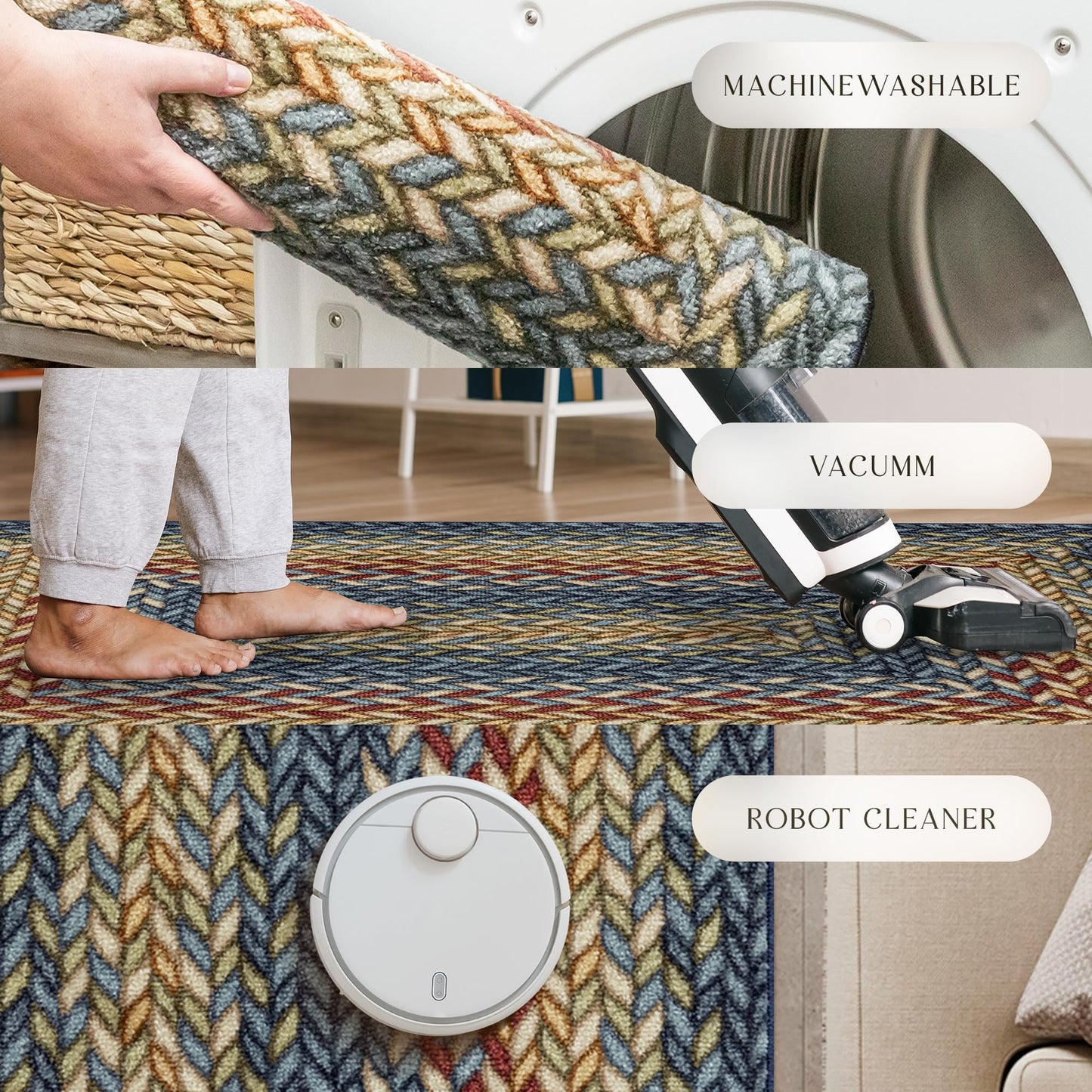 Maples Rugs Marion Bohemian Braided-Style Print Area Rug – Made in USA – Washable, Non-Slip Low-Profile Indoor Throw Rug for Foyer, Kitchen & Bathroom, 34" x 20", Multi-Color