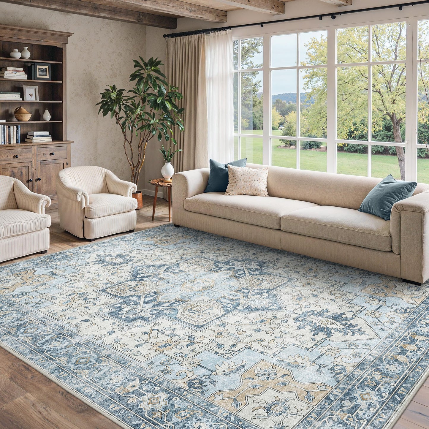 BESBLEE 9x12 Area Rugs for Living Room, Machine Washable Non Slip Vintage Rugs, Low Pile Lightweight Print Rug for Bedroom, Dining Room, Home Office, Blue