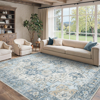 BESBLEE 9x12 Area Rugs for Living Room, Machine Washable Non Slip Vintage Rugs, Low Pile Lightweight Print Rug for Bedroom, Dining Room, Home Office, Blue
