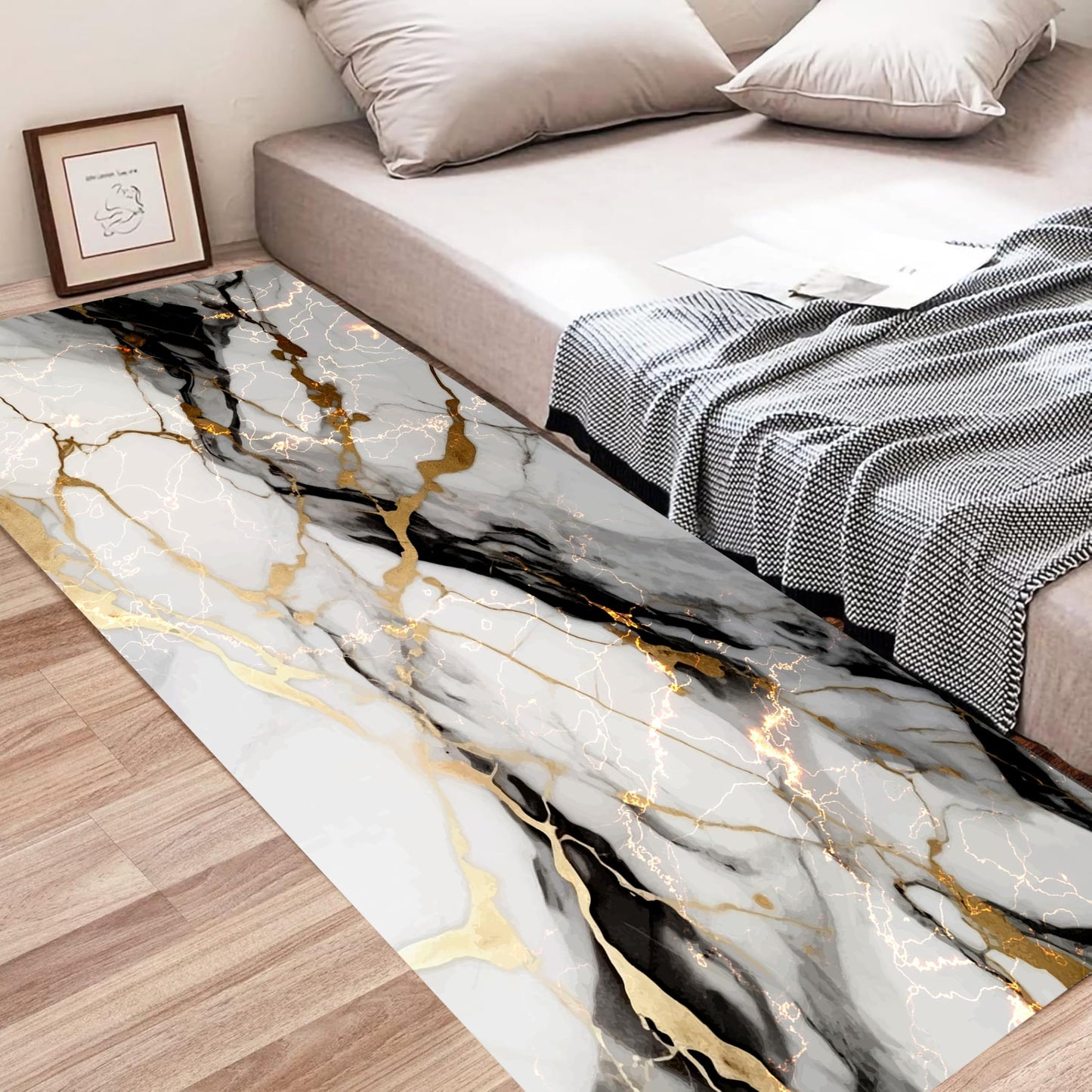 White Marble Runner Rug,2x6ft, Black Gray Gold Texture Design Long Kitchen Mats Rug, Light Luxury Modern Abstract Art Entrance Marble Rugs, for Indoor Floor Non-Slip Laundry Room Carpet