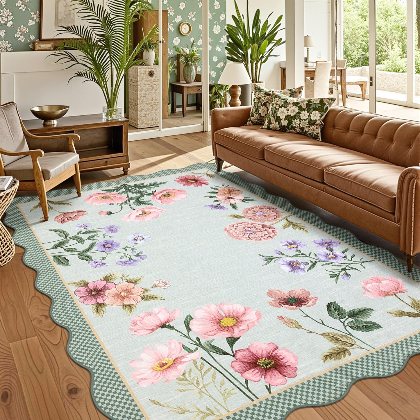 GarveeHome Floral Scalloped Living Room Rug, 5x7 Area Rugs Ultra-Thin Soft Washable Rug, Non-Slip Rugs for Bedroom Stain Resistant Boho Low-Pile Throw Carpet for Dining Room Nursery, Blue