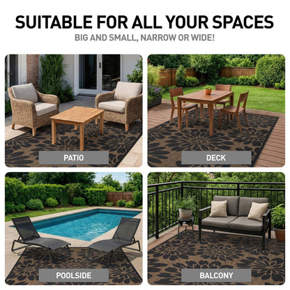 Rugshop Floral Indoor Outdoor Flat Woven Area Rug,Natural Jute-Style,Easy-Care Patio Rug for Backyard Porch Deck Balcony, 6'6" x 9' Dark Gray/Natural