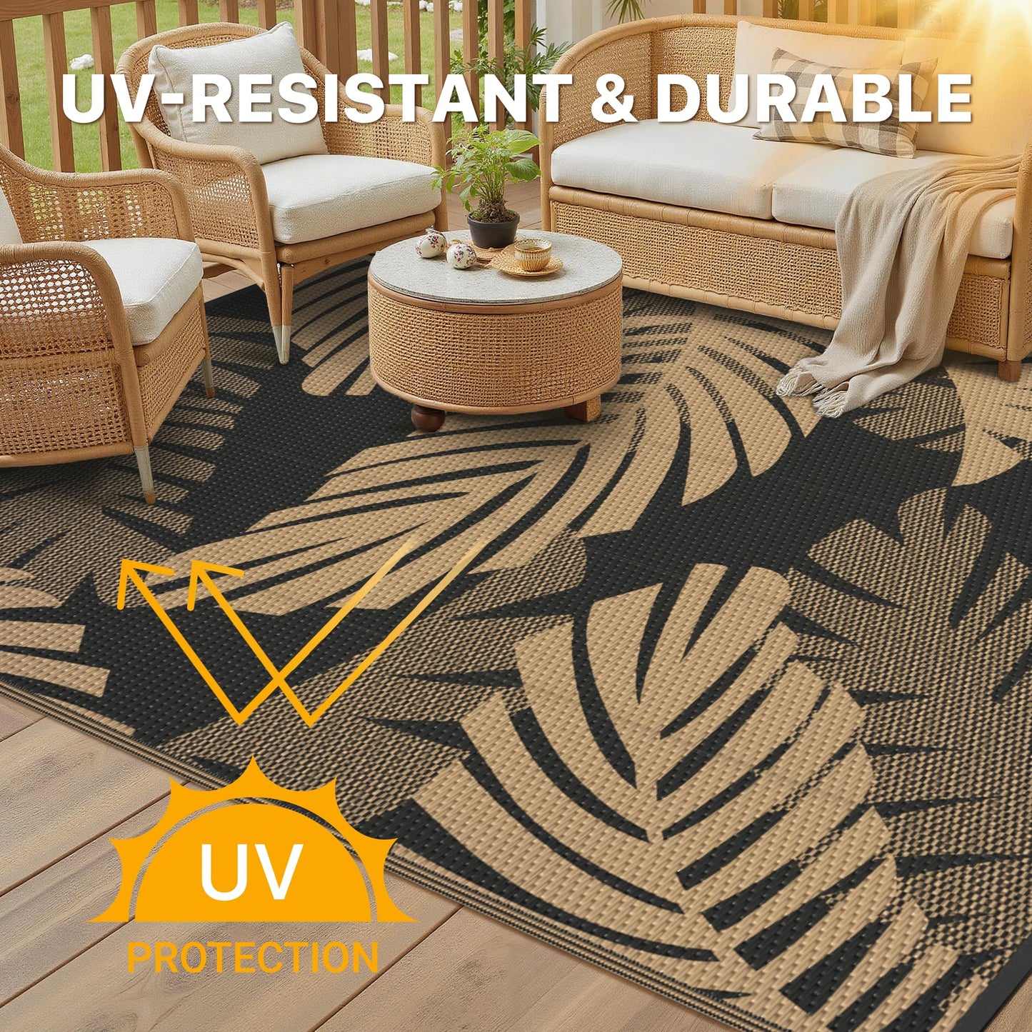 GENIMO Waterproof Outdoor Rug 5' x 8' for Patio Decor, Reversible Plastic Straw Area Rugs for Camping Clearance, RV Mat, Large Outside Carpet for Porch, Deck, Picni, Balcony, Garden, Black & Brown