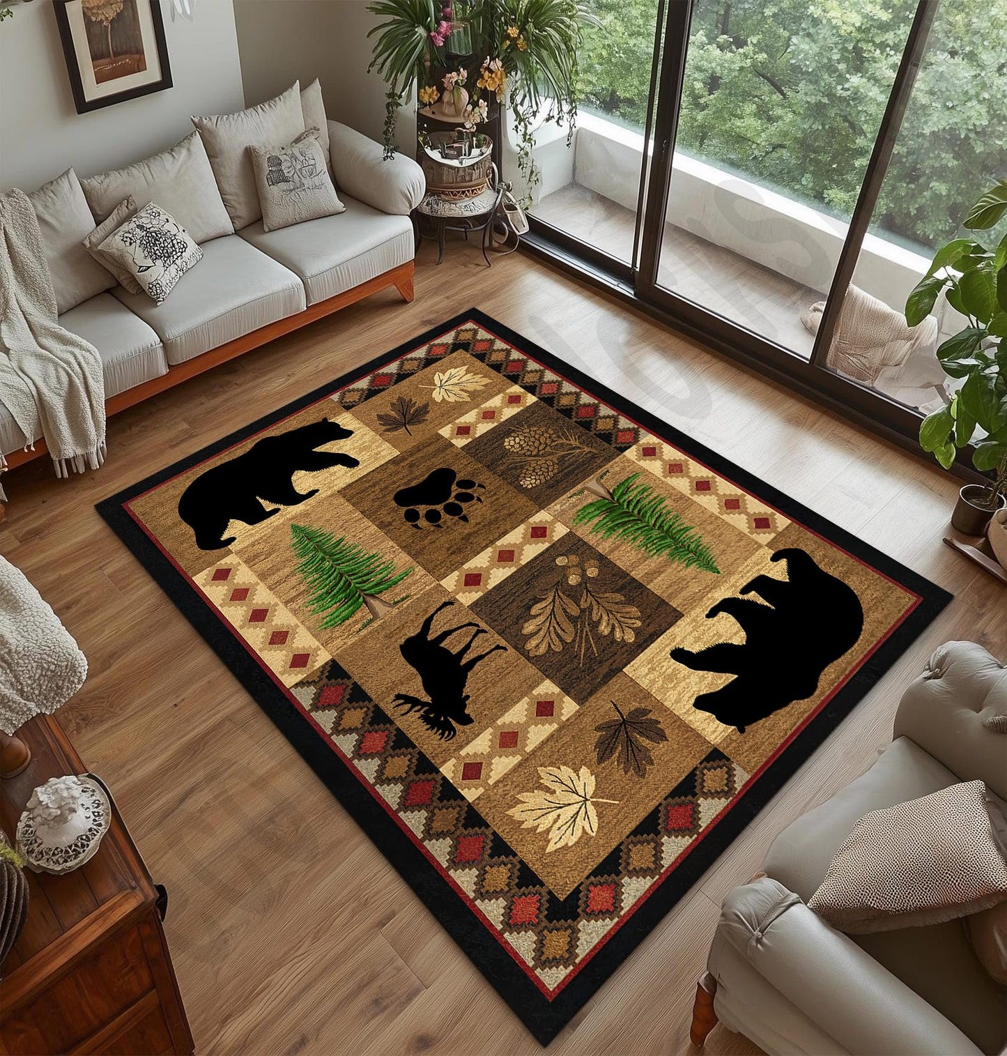 Bear Decor Rustic Throw Area Rugs Moose, 3x5, 4x6, 5x8, 6x9 Ft, Cabin & Living Room
