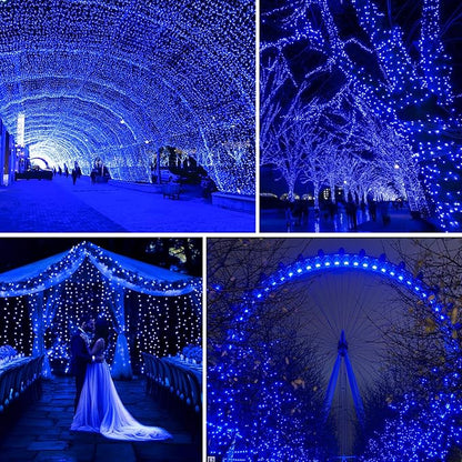 JXLEDAYY 403 FT 1000 LED Christmas Lights Outdoor Fairy Lights Plug in Extra Long String Lights Clear Wire Waterproof 8 Modes Timer for Outside House Tree Garden Yard Wedding Party Decorations-Blue