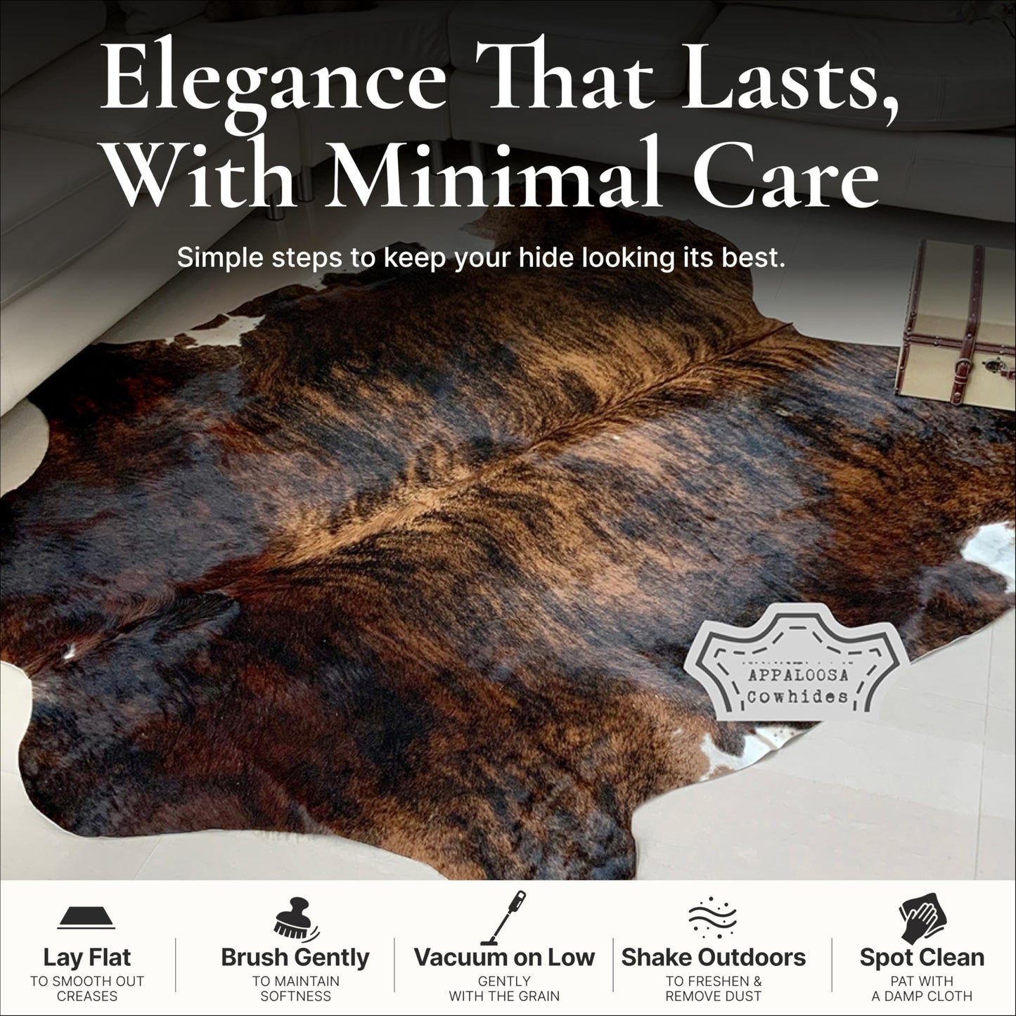 Appaloosa Cowhides Genuine Cowhide Rug - Natural Leather Hide Rugs for Living Room & Area Rug for Bedroom - Real Cowhides Rugs for Rustic Home Decor - Dark Brindle Cowhide Rug Collection