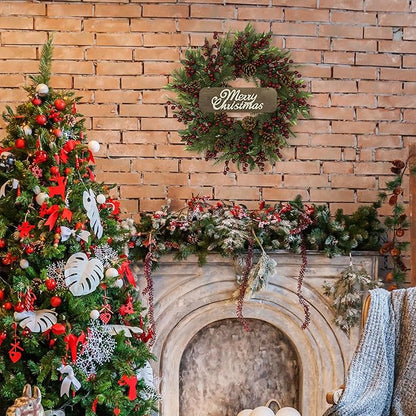YNYLCHMX 20 Inch Winter Wreath for Front Door, Winter Wreath with Welcome Sign Pine Needle Pine Cone Red Berry, Artificial Door Wreaths for Window Farmhouse Holiday Party Decoration