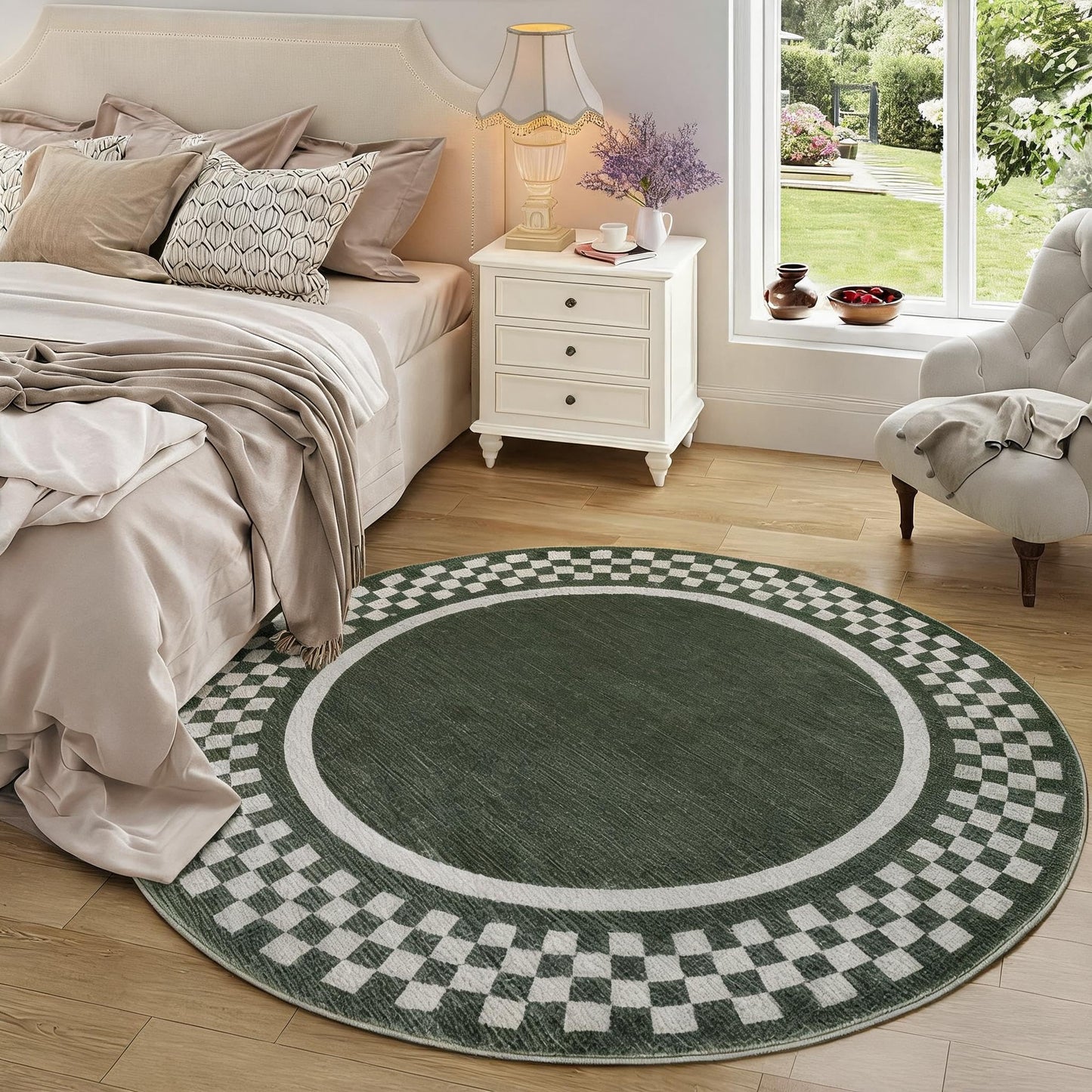 6ft Washable Round Rug for Entryway Modern Checkered Bedroom Circle Rug Non Slip Soft Dining Room Round Throw Carpet Large Stain Resistant Border Round Rugs for Living Room Kitchen Bathroom, Green