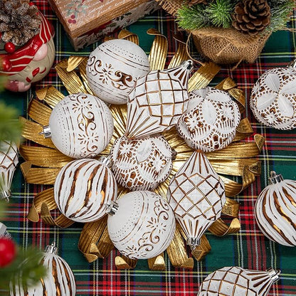 16PCS Shatterproof Christmas Ball Ornaments Set, Hand-Painted Holiday Decor with Assorted Sizes & Designs for Christmas Tree Thanksgiving Party Decoration, Bronze-White
