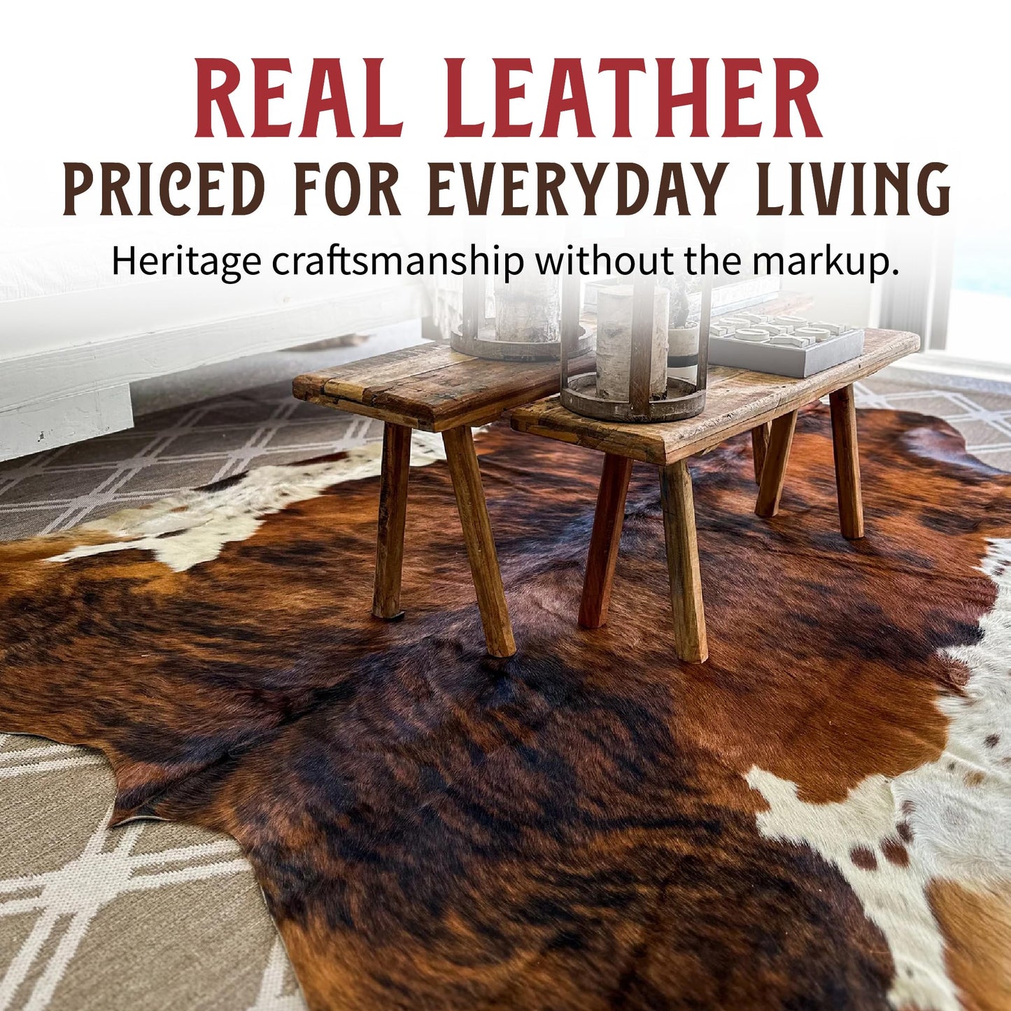 HIDES BAZAAR Real Cowhide Rug 5x7 ft - Natural Leather Hair-on-Hide Area Rug with Brown, Black & White Pattern (Brown Brindle) - Soft Western Cow Skin Rug for Living Room, Ranch Decor & Rustic Homes