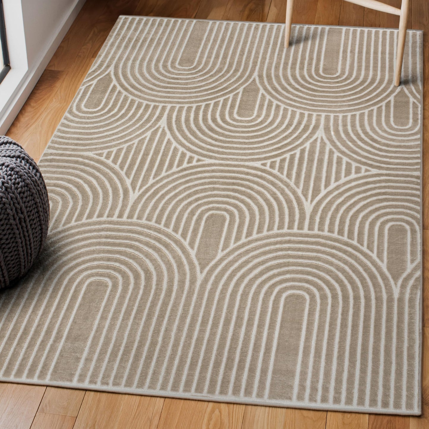 JONATHAN Y Art Deco Striped Arches Indoor Area Rug 3X5 Beige/Cream, Ariana MidCentury High-Low Two-Tone for Living Room, Bedroom, Kitchen, Easy-Cleaning, Pet-Friendly, Non-Shedding SND100A-3