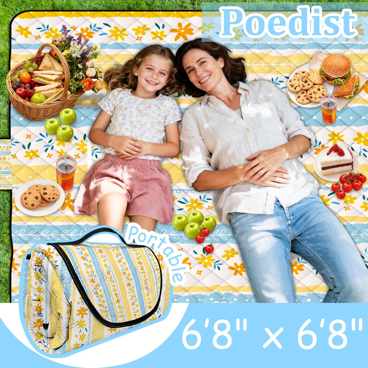 Extra Large Picnic Blanket Waterproof,80"x 80"Foldable Machine Washable Beach Blanket,Outdoor Blanket for 6-8 Adults,Suitable for Indoor Crawling,Park Beach,Camping,Hiking,Family Travel(Floral Print)