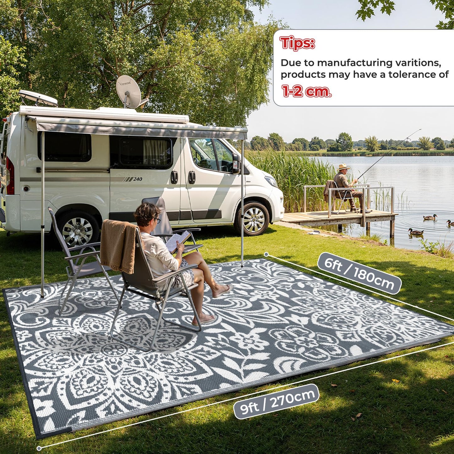 Findosom Waterproof Outdoor Rug 6' x 9' - Reversible Mandala Outdoor Plastic Straw Rug, Durable Foldable Patio Rug for RV, Deck, Balcony, Backyard, Picnic, Porch, Camping, Beach, Gray