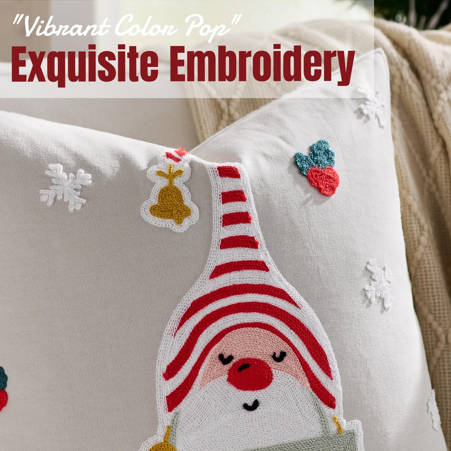 Farmhouse Christmas Pillow Covers 18x18 Set of 2, Xmas Embroidered Throw Cushion Cases with Festive Patterns for Rustic Home Holiday Decor (Gnome Christmas, 18" x 18" (Pack of 2))