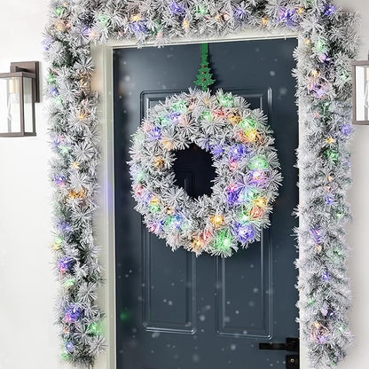 Glitzhome Pre-Lit Christmas Wreath with Lights for Front Door Wall Window Xmas Decor, Snow Flocked 24" D