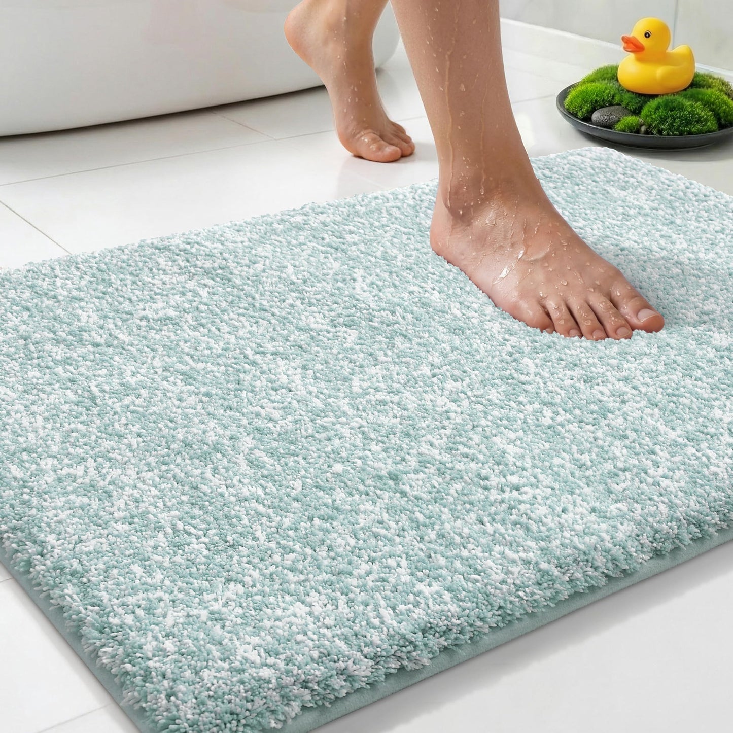 Yimobra Cushioned Anti-Fatigue Bathroom Rug, Bath Mat Non Slip Washable, Dense Soft Microfiber for Bathroom Sink, Shower, Tired Feet Comfort, Absorbent, 24" X 17", Light Blue and White