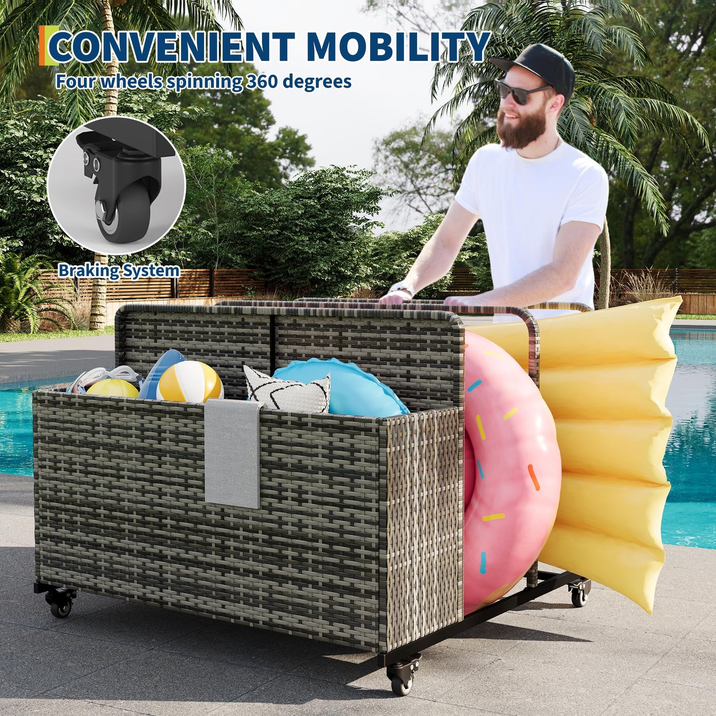 Pool Float Storage Organizer with Rolling Wheels, Outdoor Wicker Rattan Pool Caddy & Toy Storage Basket for Poolside, Patio & Deck, All-Weather PE Rattan Pool Caddy, 2 Open Compartments, Grey