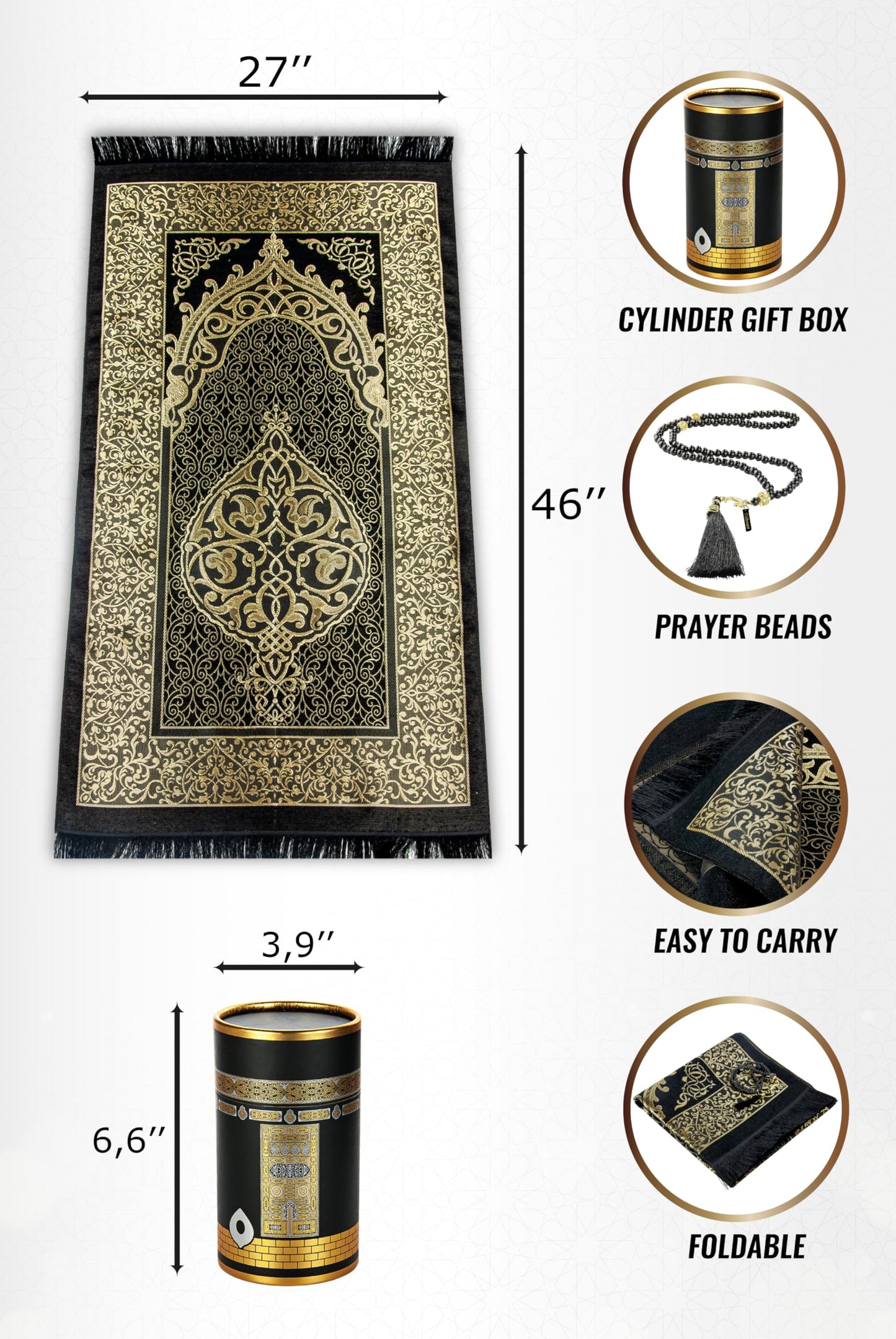 ihvan online Muslim Prayer Rug and Prayer Beads with Elegant Design Cylinder Gift Box, Janamaz, Soft Sajadah, Islamic Gifts Set, Portable Prayers Carpet Mat, Taffeta Fabric, Black