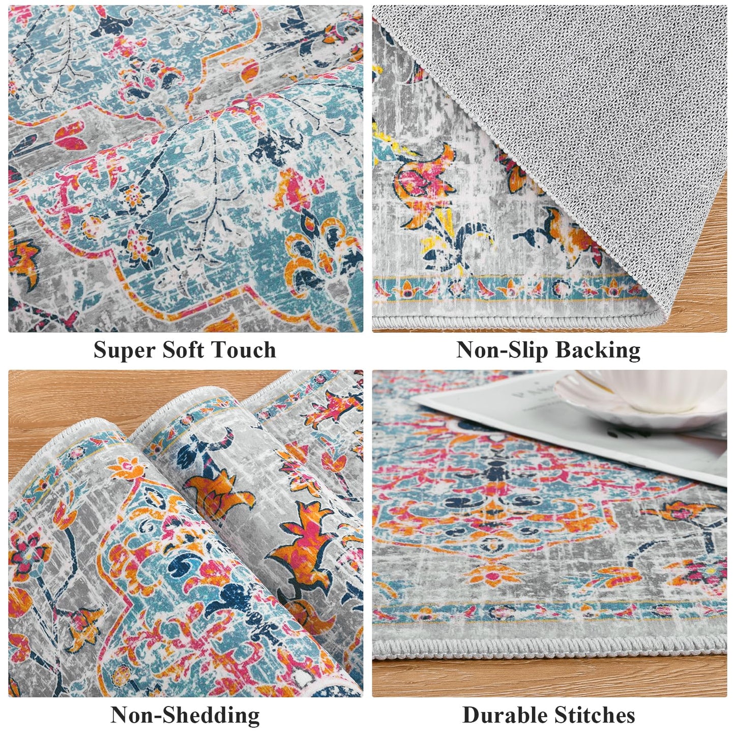 Pauwer Hallway Runner Rug 2'x6' Washable Boho Farmhouse Entryway Kitchen Runner Vintage Non Slip Laundry Room Bathroom Area Rugs Rubber Backed Front Door Foyer Bedroom Floor Mat Carpet Runner, Grey