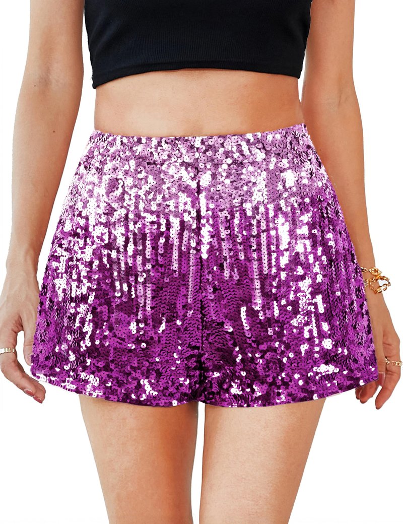 MANER Women's Sequin Shorts Sparkly Stretchy Night Out Party High Waisted Shorts (L / US12-14, Periwinkle/Festival Fuchsia)
