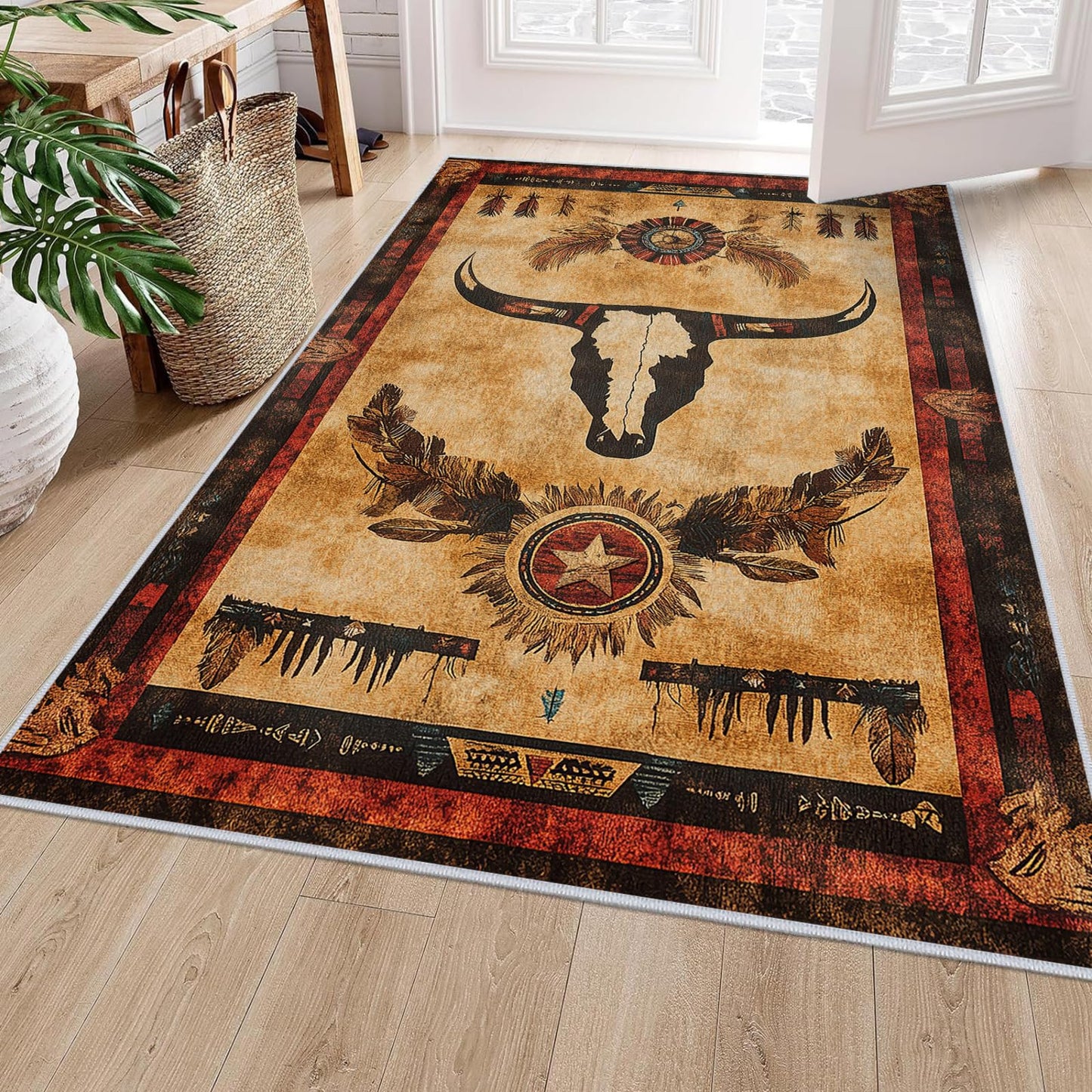 Western Area Rug Southwestern Cow Washable 5x7 Navajo Tribal Rugs for Living Room Bedroom Cowboy Rustic Non-Slip Soft Floor Large Carpet for Office Entryway Bathroom