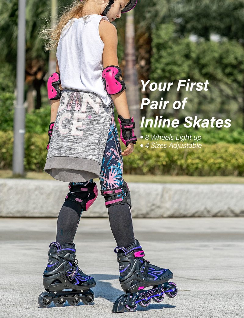 2PM SPORTS Vinal Girls Adjustable Inline Skates with Light up Wheels Beginner Skates Fun Illuminating Roller Skates for Kids Boys and Ladies… (Violet & Magenta, Large - Youth (4Y-7Y US))