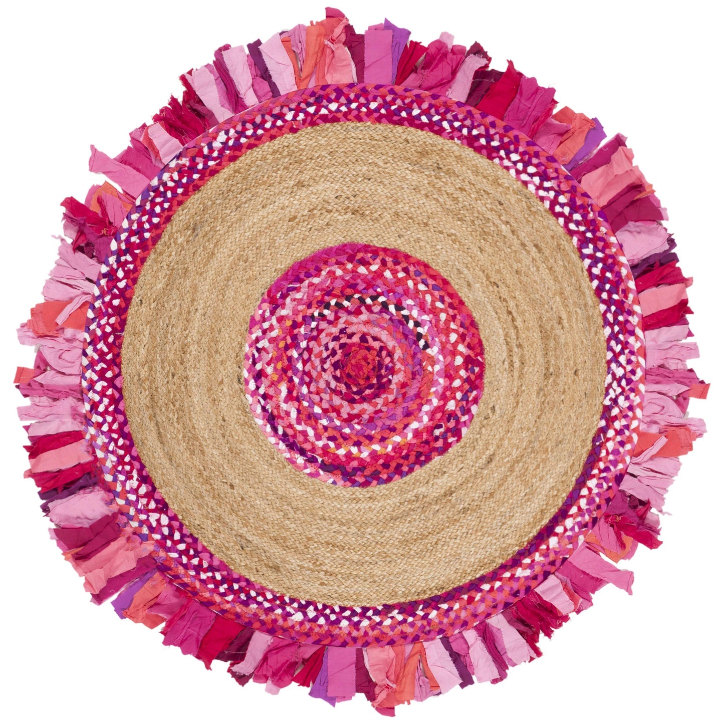 SAFAVIEH Cape Cod Collection Area Rug - 6' Round, Pink & Natural, Handmade Boho Fringe Jute & Cotton, Ideal for High Traffic Areas in Living Room, Bedroom (CAP701U)