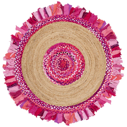 SAFAVIEH Cape Cod Collection Area Rug - 6' Round, Pink & Natural, Handmade Boho Fringe Jute & Cotton, Ideal for High Traffic Areas in Living Room, Bedroom (CAP701U)