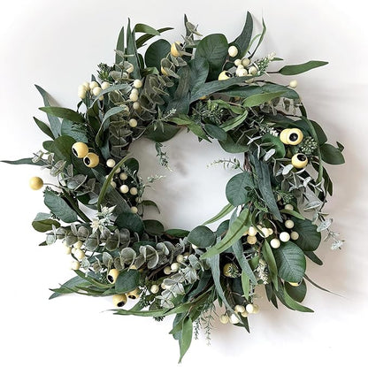 Wreaths for Front Door 22 Inch, All Season Greenery Wreath Olive Eucalyptus Leaves and White Mixed Berry for Indoor Outdoor Farmhouse Home Porch Wall Window Festival Wedding Decor